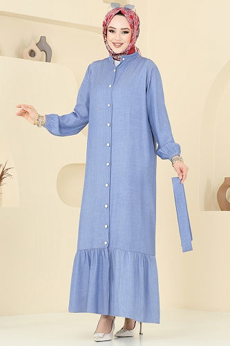 moda selvim Önden Düğmeli Tensel Kot Elbise 308HBS856 Açık Kot - Thumbnail