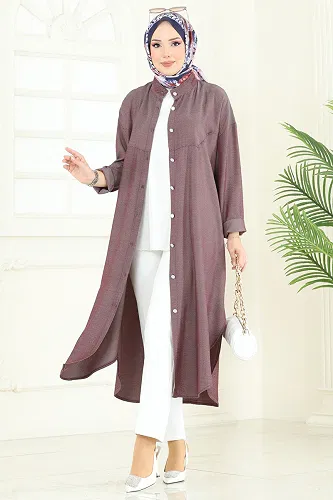 moda selvim Önden Düğmeli Tensel Tunik 324HBS856 Bordo - Thumbnail