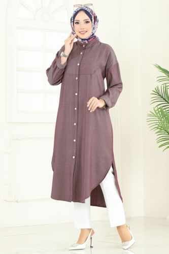 moda selvim Önden Düğmeli Tensel Tunik 324HBS856 Bordo - Thumbnail
