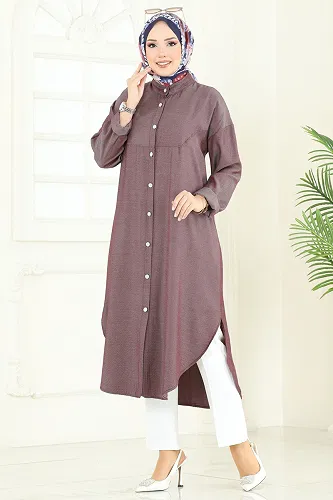 moda selvim Önden Düğmeli Tensel Tunik 324HBS856 Bordo - Thumbnail