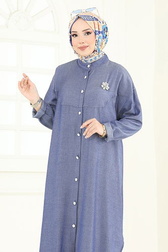 moda selvim Önden Düğmeli Tensel Tunik 324HBS856 Kot - Thumbnail