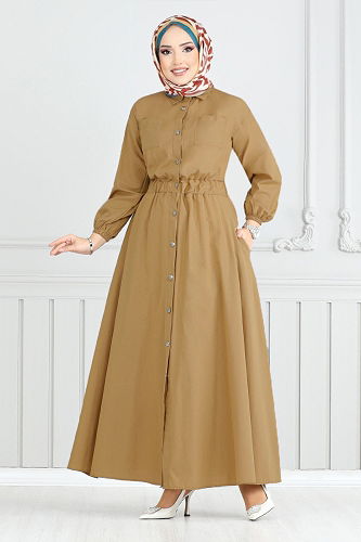 moda selvim Önden Düğmeli Terikoton Elbise 805OZR1047-M Latte - Thumbnail