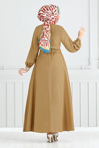 moda selvim Önden Düğmeli Terikoton Elbise 805OZR1047-M Latte - Thumbnail