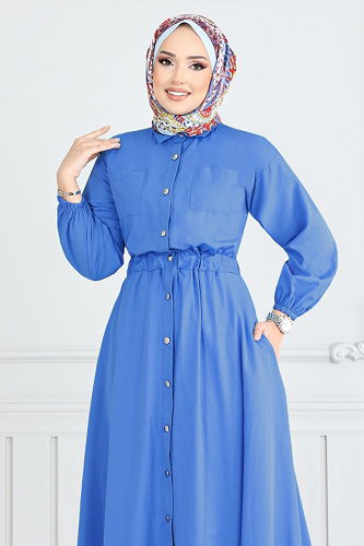 moda selvim Önden Düğmeli Terikoton Elbise 805OZR1047-M Mavi - Thumbnail