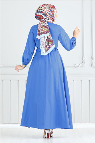 moda selvim Önden Düğmeli Terikoton Elbise 805OZR1047-M Mavi - Thumbnail