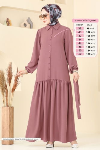 moda selvim Önden Düğmeli Tesettür Elbise 2123MP806 Gül Kurusu - Thumbnail