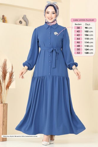 moda selvim Önden Düğmeli Tesettür Elbise 2123MP806 İndigo - Thumbnail