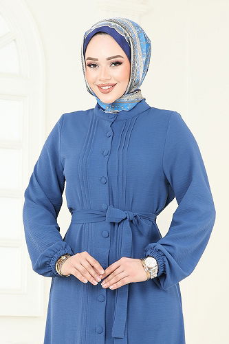 moda selvim Önden Düğmeli Tesettür Elbise 2622SL432 İndigo - Thumbnail