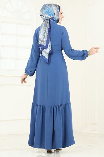 moda selvim Önden Düğmeli Tesettür Elbise 2622SL432 İndigo - Thumbnail