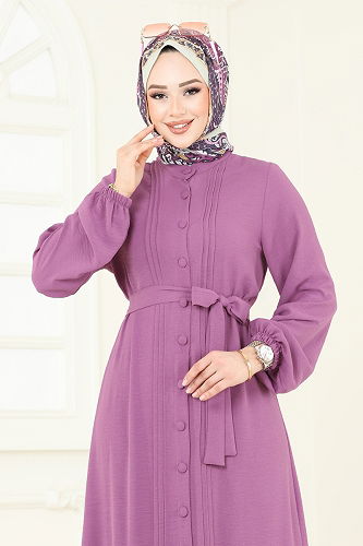 moda selvim Önden Düğmeli Tesettür Elbise 2622SL432 Koyu Lila - Thumbnail