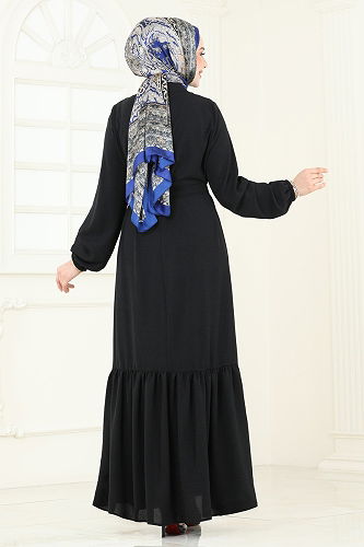 moda selvim Önden Düğmeli Tesettür Elbise 2622SL432 Siyah - Thumbnail