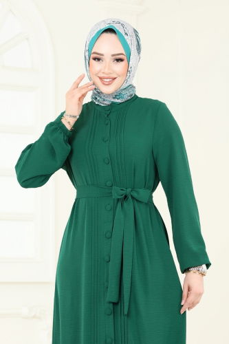 moda selvim Önden Düğmeli Tesettür Elbise 2622SL432 Zümrüt - Thumbnail