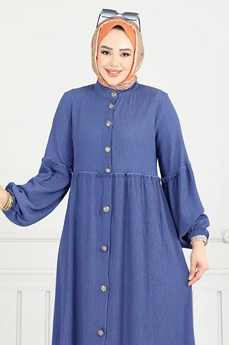 moda selvim Önden Düğmeli Tesettür Elbise 405DVL817 İndigo - Thumbnail