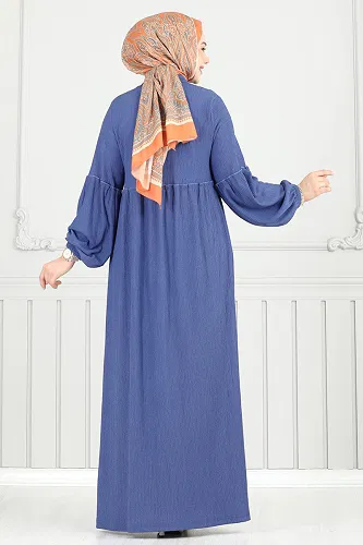 moda selvim Önden Düğmeli Tesettür Elbise 405DVL817 İndigo - Thumbnail