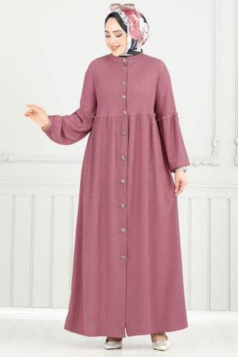 moda selvim Önden Düğmeli Tesettür Elbise 405DVL817 Koyu Gül Kurusu - Thumbnail