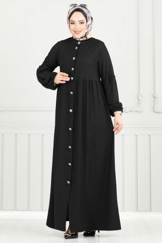 moda selvim Önden Düğmeli Tesettür Elbise 405DVL817 Siyah - Thumbnail
