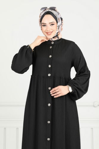 moda selvim Önden Düğmeli Tesettür Elbise 405DVL817 Siyah - Thumbnail