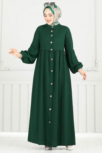 moda selvim Önden Düğmeli Tesettür Elbise 405DVL817 Zümrüt - Thumbnail