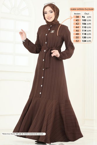 moda selvim Önden Düğmeli Tesettür Elbise 4065PM271 Kahve - Thumbnail