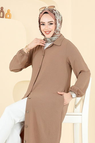 moda selvim Önden Düğmeli Tesettür Ferace 6017UZ662 Koyu Vizyon - Thumbnail