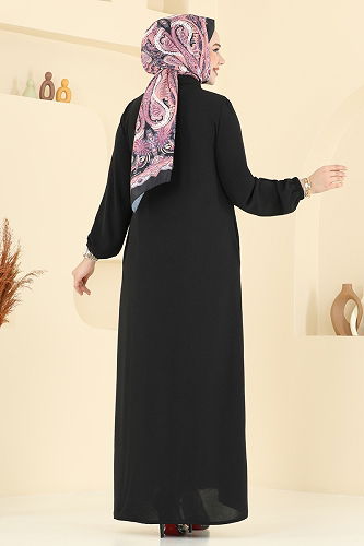 moda selvim Önden Düğmeli Tesettür Ferace 6017UZ662 Siyah - Thumbnail