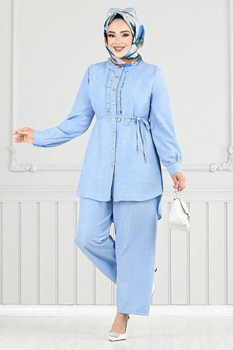 moda selvim Önden Düğmeli Tesettür Takım 022MR1077-M Bebe Mavisi - Thumbnail