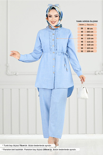 moda selvim Önden Düğmeli Tesettür Takım 022MR1077-M Bebe Mavisi - Thumbnail