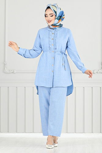 moda selvim Önden Düğmeli Tesettür Takım 022MR1077-M Bebe Mavisi - Thumbnail