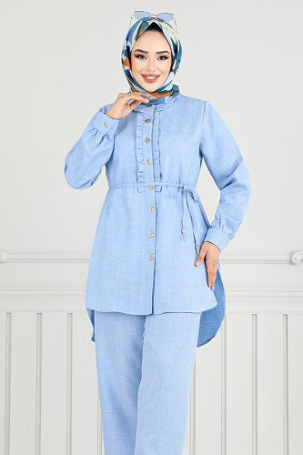 moda selvim Önden Düğmeli Tesettür Takım 022MR1077-M Bebe Mavisi - Thumbnail
