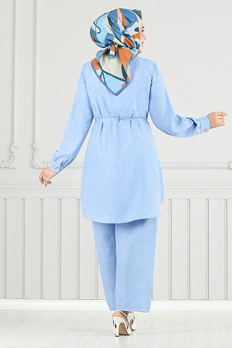 moda selvim Önden Düğmeli Tesettür Takım 022MR1077-M Bebe Mavisi - Thumbnail