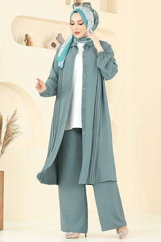 moda selvim Önden Düğmeli Tesettür Takım 2019MEY846 Mint - Thumbnail