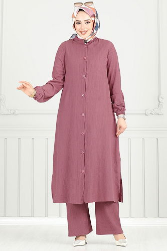 moda selvim Önden Düğmeli Tesettür Takım 403DVL817 Koyu Gül Kurusu - Thumbnail