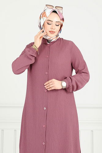 moda selvim Önden Düğmeli Tesettür Takım 403DVL817 Koyu Gül Kurusu - Thumbnail
