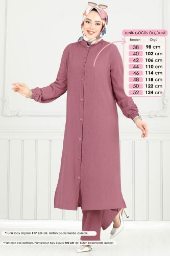 moda selvim Önden Düğmeli Tesettür Takım 403DVL817 Koyu Gül Kurusu - Thumbnail