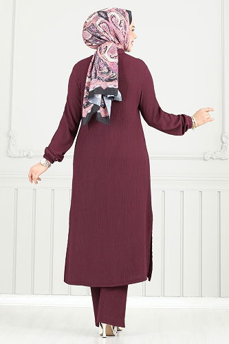 moda selvim Önden Düğmeli Tesettür Takım 403DVL817 Mürdüm - Thumbnail