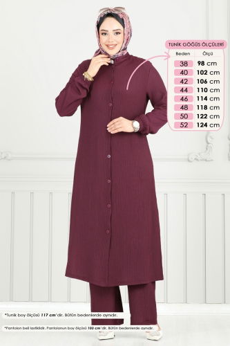 moda selvim Önden Düğmeli Tesettür Takım 403DVL817 Mürdüm - Thumbnail