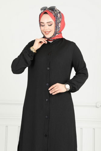 moda selvim Önden Düğmeli Tesettür Takım 403DVL817 Siyah - Thumbnail