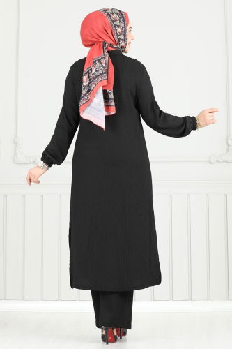 moda selvim Önden Düğmeli Tesettür Takım 403DVL817 Siyah - Thumbnail