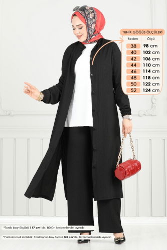 moda selvim Önden Düğmeli Tesettür Takım 403DVL817 Siyah - Thumbnail