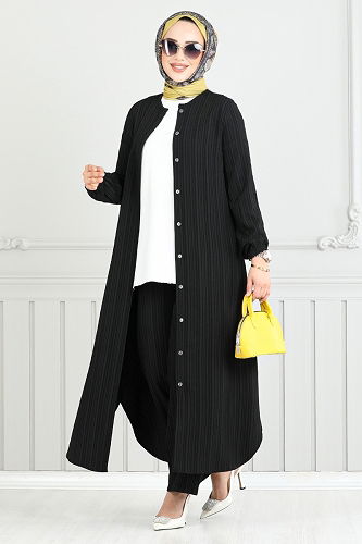 moda selvim Önden Düğmeli Tesettür Takım 5676END900-M Siyah - Thumbnail