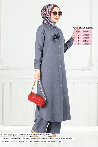 moda selvim Önden Düğmeli Tesettür Takım 815OZR1047-M Gri - Thumbnail