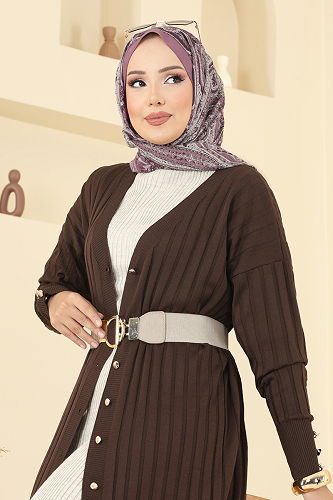 moda selvim Önden Düğmeli Triko Hırka 3257BRZ597 Kahve - Thumbnail