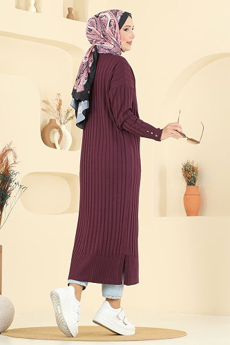 moda selvim Önden Düğmeli Triko Hırka 3257BRZ597 Mürdüm - Thumbnail