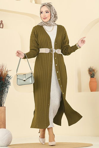 moda selvim Önden Düğmeli Triko Hırka 3257BRZ597 Yağ Yeşili - Thumbnail