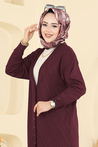 moda selvim Önden Düğmeli Triko Hırka 6031UZ662 Bordo - Thumbnail