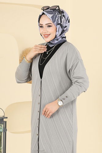 moda selvim Önden Düğmeli Triko Hırka 6031UZ662 Gri - Thumbnail