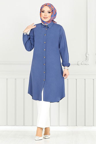 moda selvim Önden Düğmeli Tunik 0171BGS895-M İndigo - Thumbnail