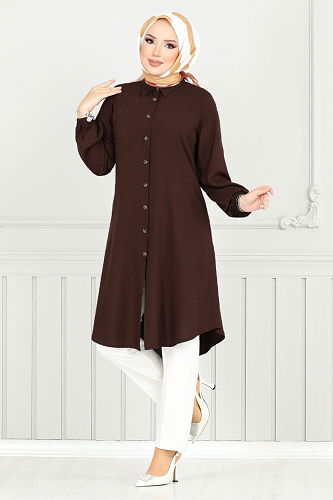 moda selvim Önden Düğmeli Tunik 0171BGS895-M Kahve - Thumbnail