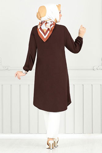 moda selvim Önden Düğmeli Tunik 0171BGS895-M Kahve - Thumbnail