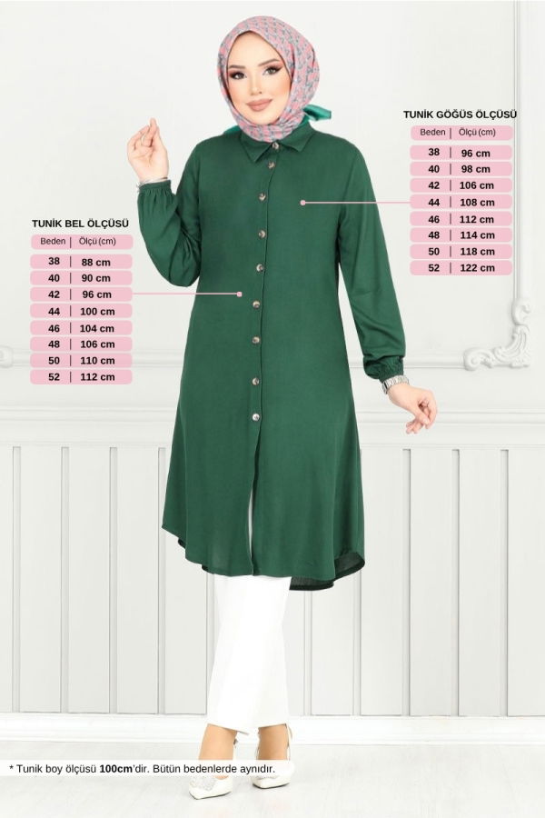Modaselvim Tunik Önden Düğmeli Tunik 0171BGS895-M Zümrüt
